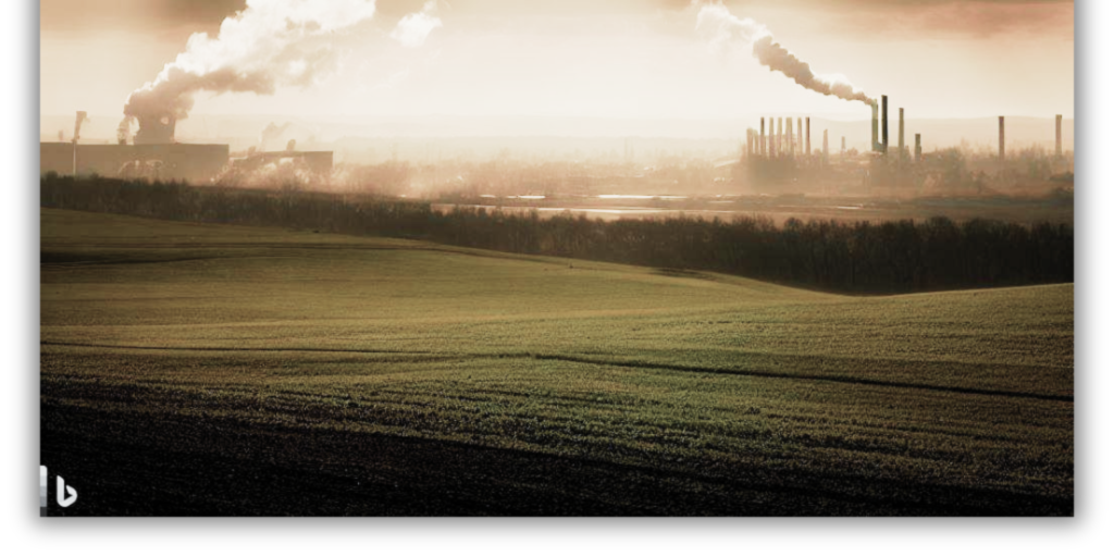 Imagem ilustrativa de chaminés industriais ao fundo de paisagem verde, criada com IA